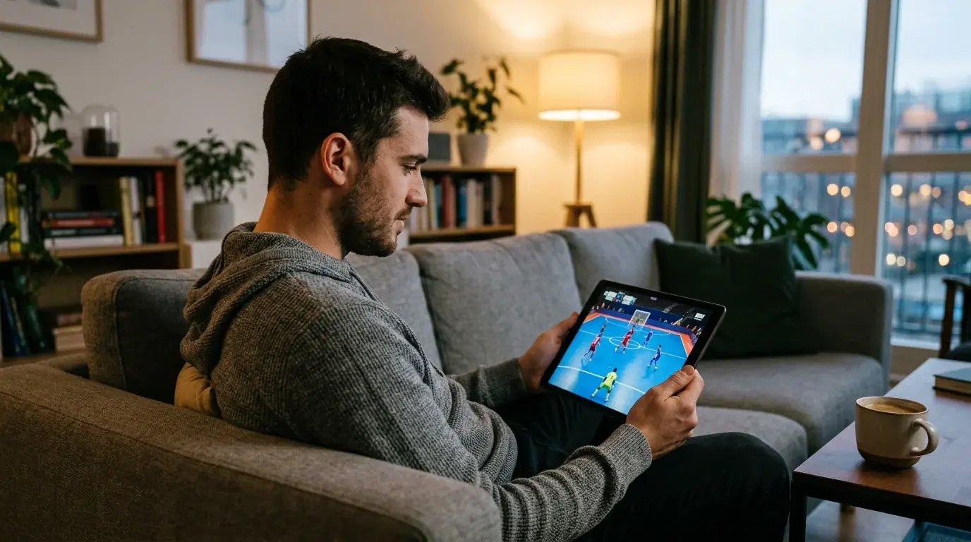 Adepto a assistir jogo de futsal no telemovel com aplicacao de apostas