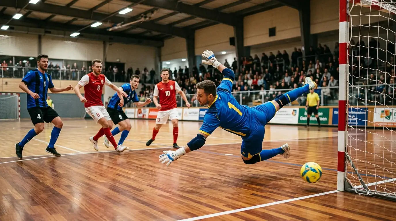 Jogadores de futsal em pavilhao durante jogo da Liga Portuguesa