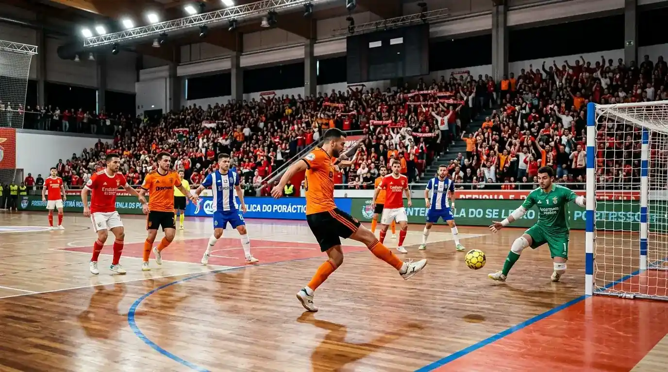 Jogo de futsal em pavilhão desportivo em Portugal
